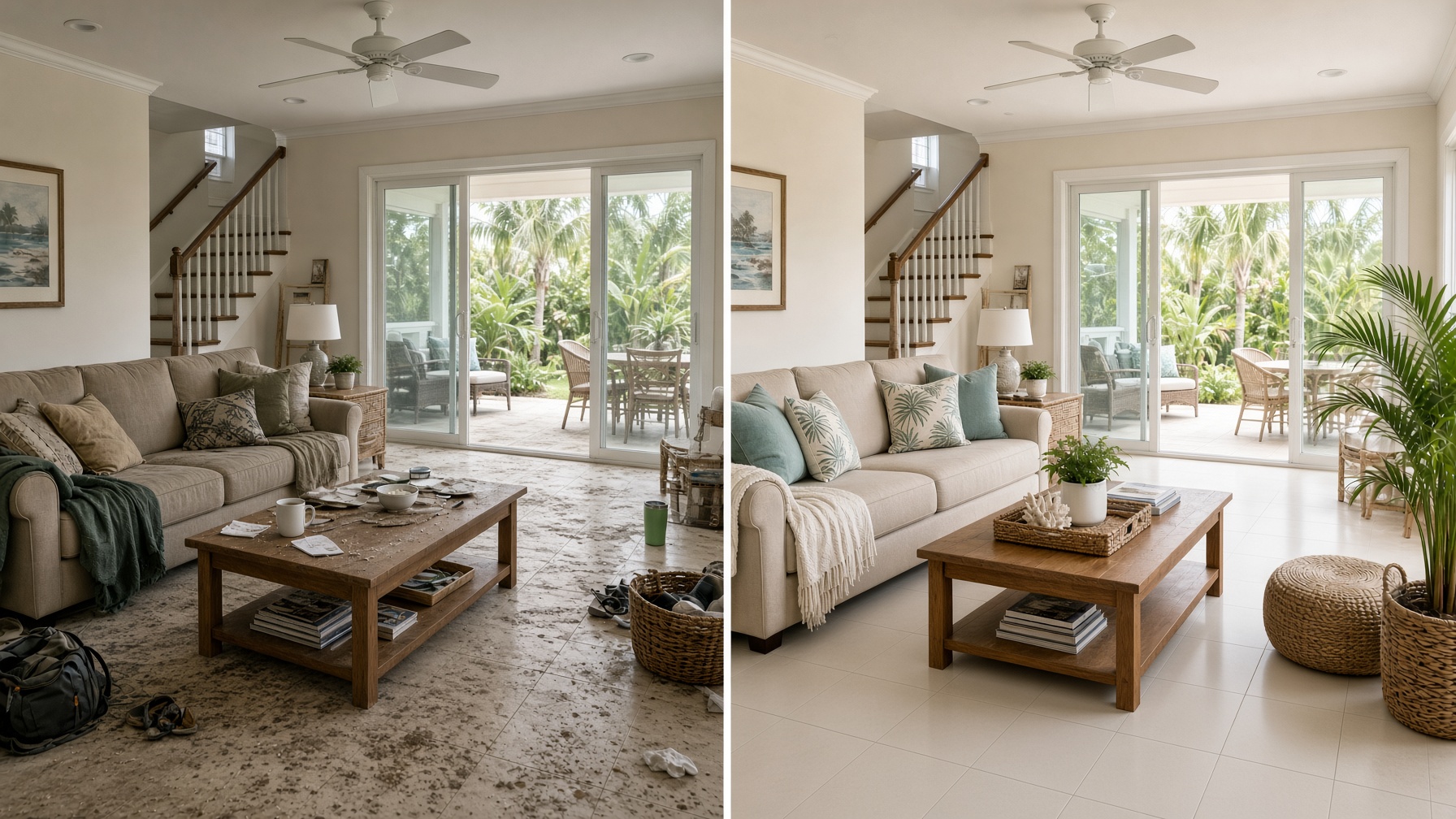 Representative before and after view of the exact same Florida living room, with matching furniture and camera angle, from cluttered and dusty to professionally cleaned and polished